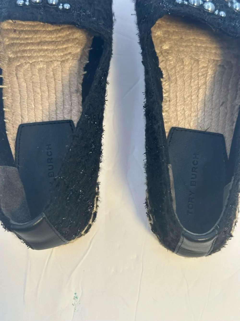 Tory Burch Black Pearl-Embellished Espadrille Flats Size 6.5